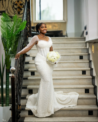 Convertible Pearl Beaded Mermaid Wedding Dress