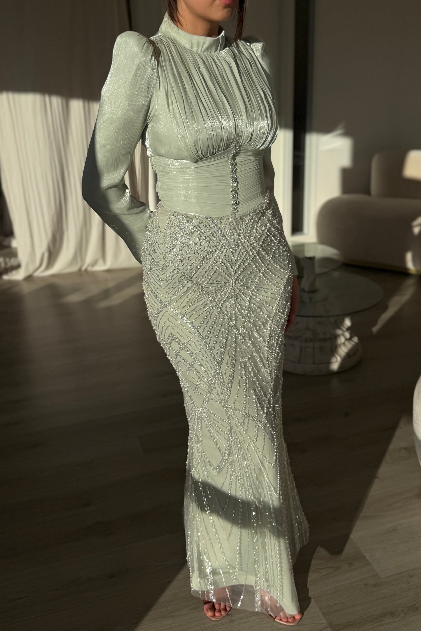 Beaded Sequin Mermaid Evening Gown with Long Sleeves