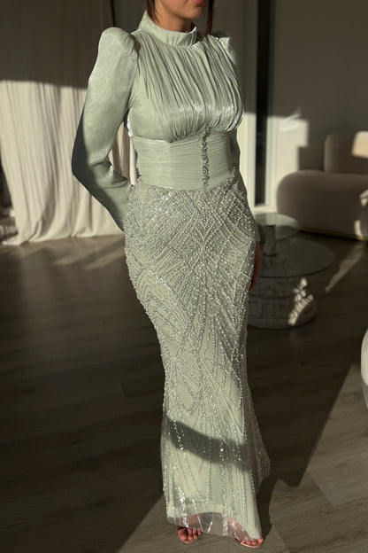 Beaded Sequin Mermaid Evening Gown with Long Sleeves