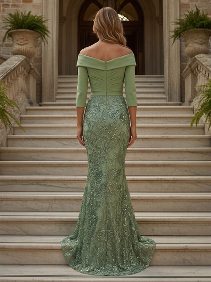 Off-the-Shoulder 3/4 Sleeve Mermaid Evening Gown