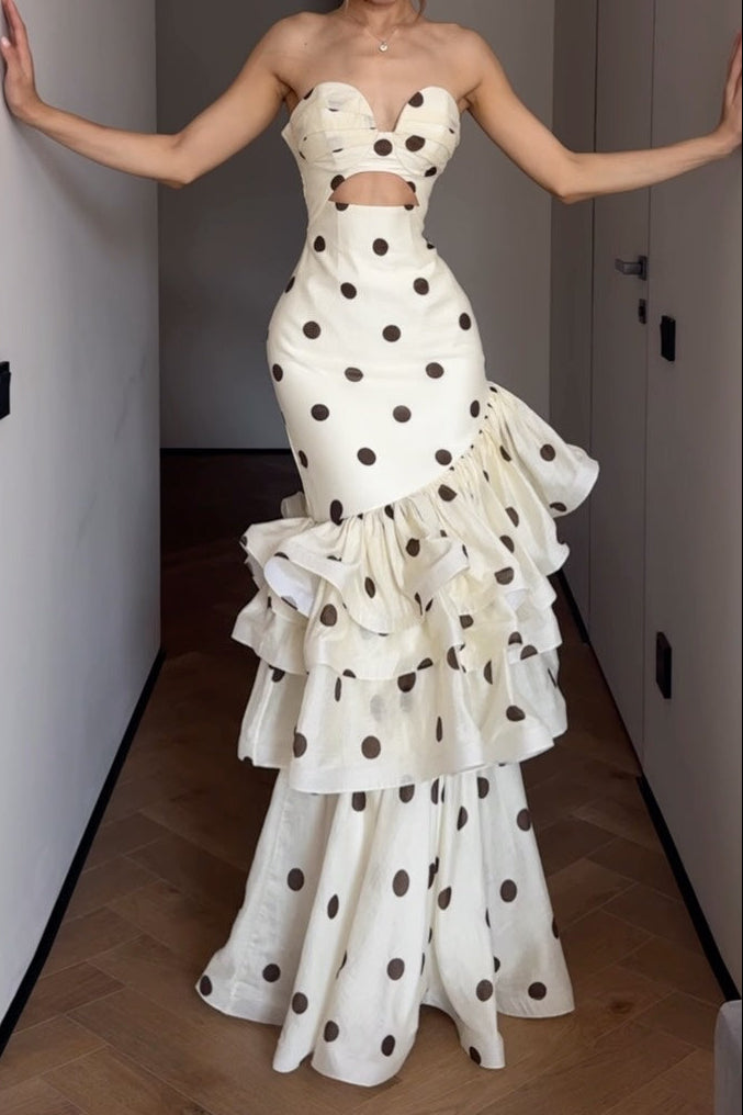 Strapless Polka Dot Tiered Mermaid Gown