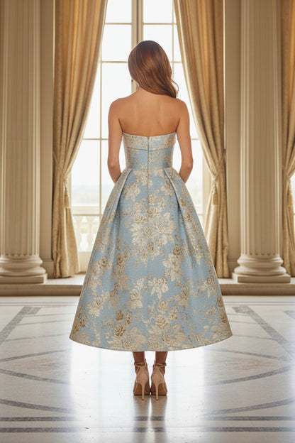 Strapless Jacquard Floral Tea-Length Dress