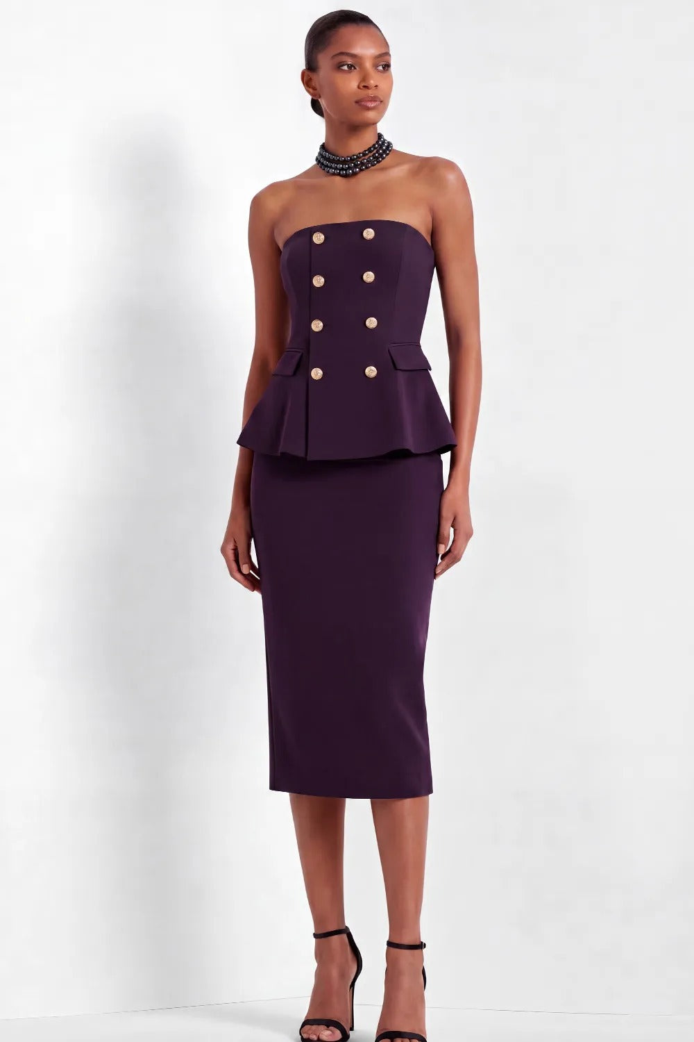 Strapless Double-Breasted Peplum Midi Dress