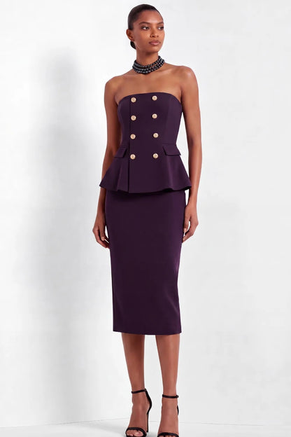 Strapless Double-Breasted Peplum Midi Dress