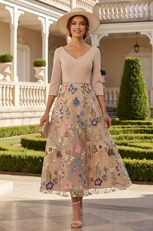 Floral Embroidered Tulle A-Line Tea-Length Mother of the Bride Dress with Beaded Waist