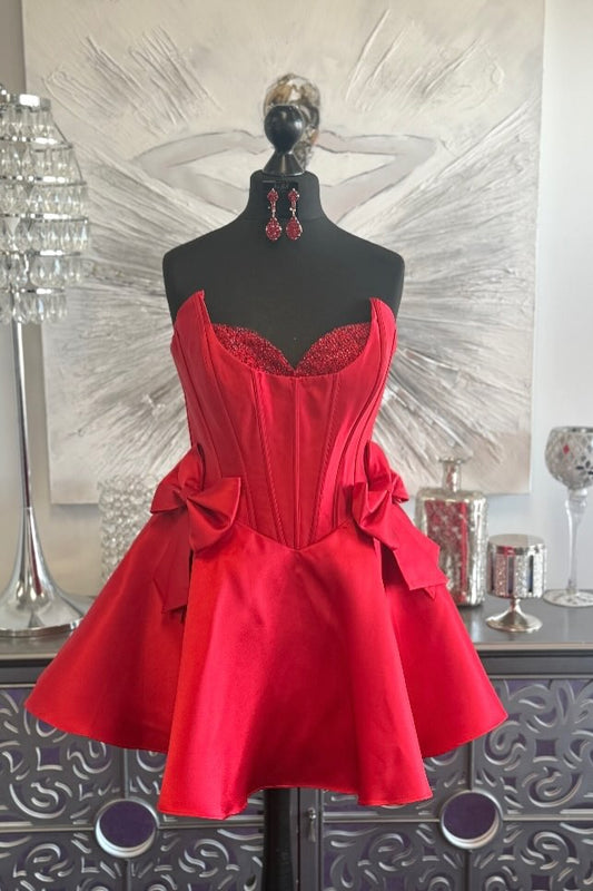 Strapless Corset Satin Mini Dress with Bows