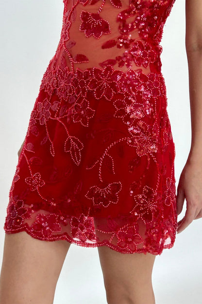 Sequin Floral Embroidered Mesh Mini Slip Dress