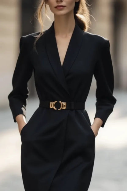 Belted Shawl Collar Wrap Midi Dress