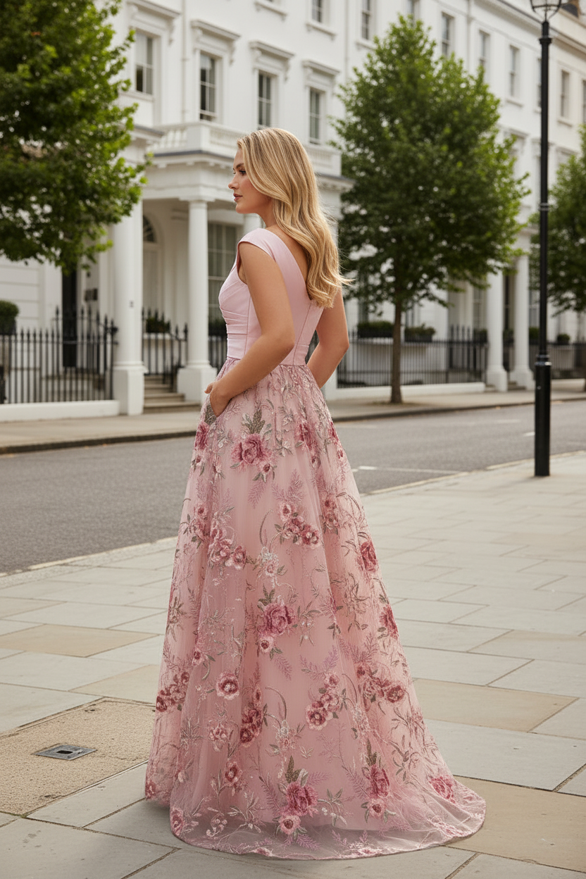 Off-the-Shoulder Floral Embroidered A-Line Evening Gown