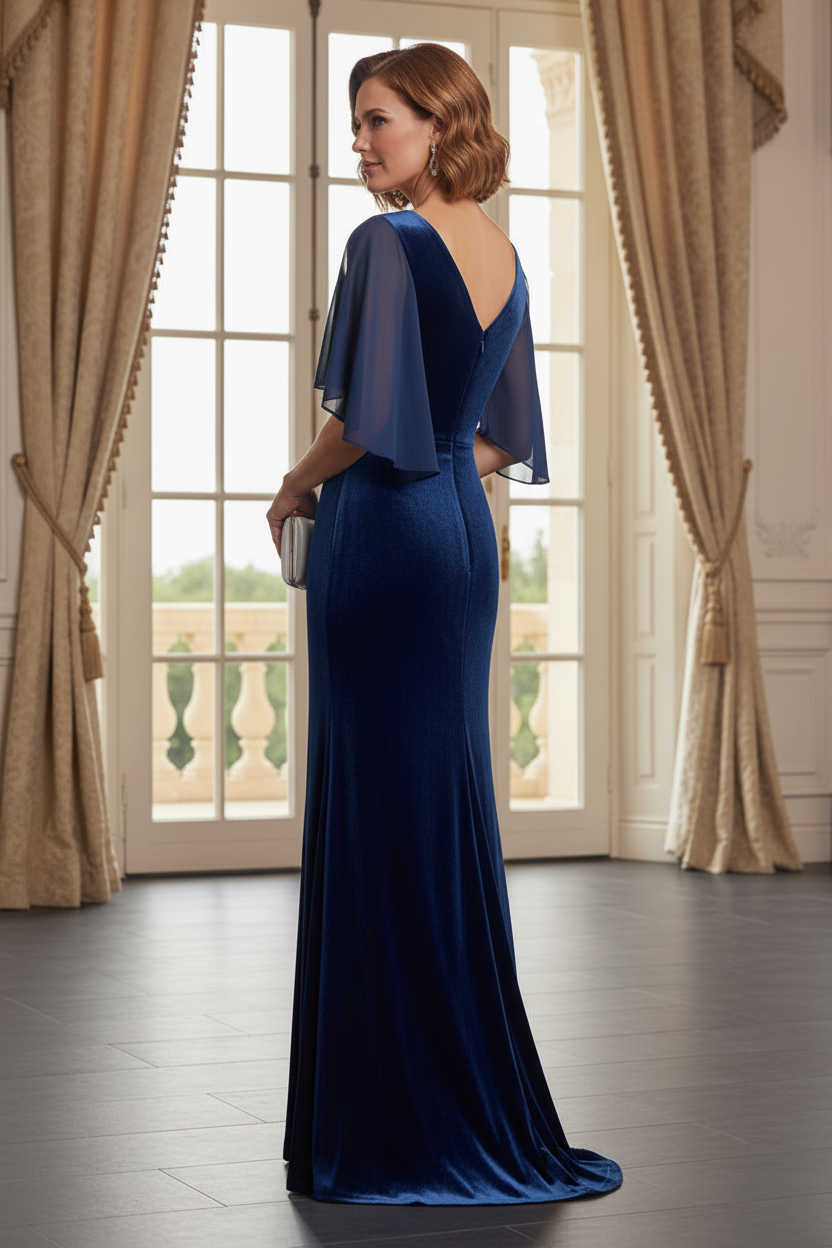 Twist-Bust Velvet Evening Gown with Flutter Sleeves