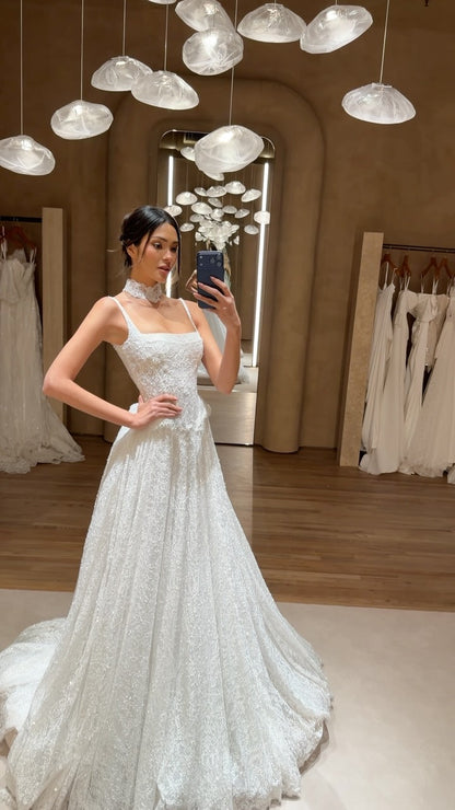 Square Neck Lace A-Line Wedding Dress