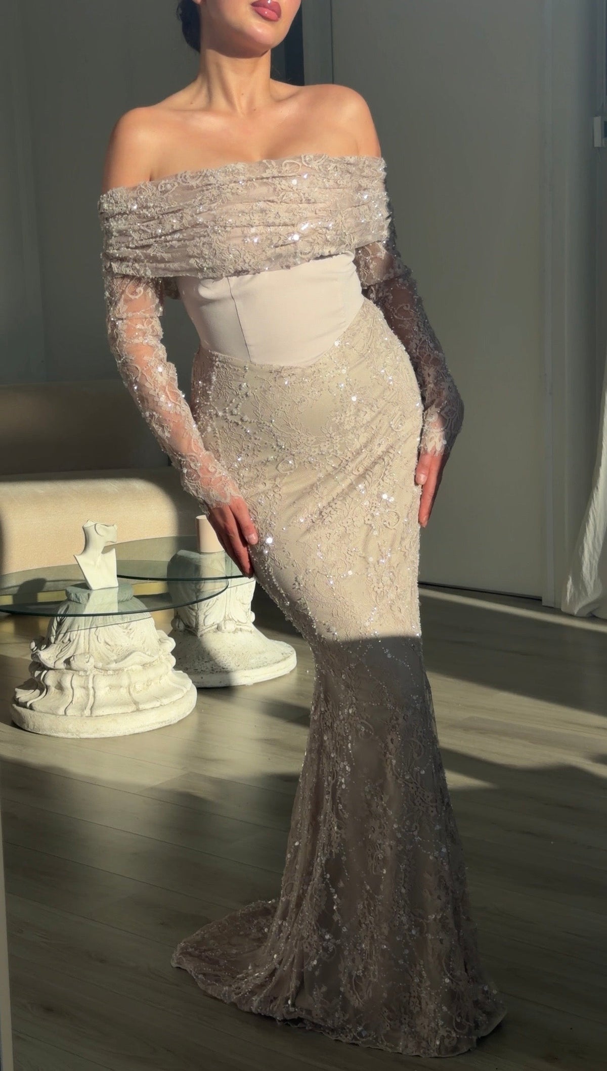 Off-the-Shoulder Sequin Lace Corset Gown