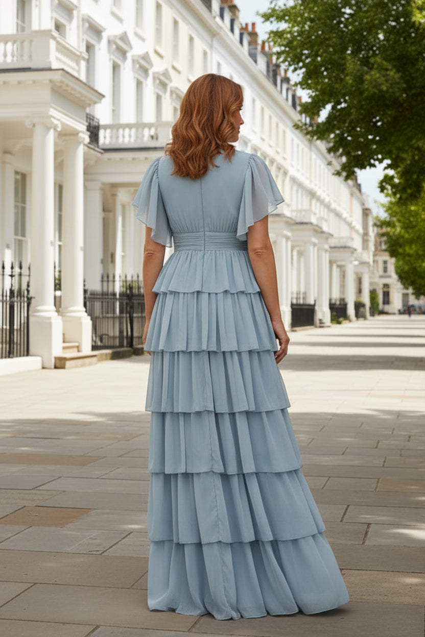 Tiered Chiffon Maxi Dress with Flutter Sleeves