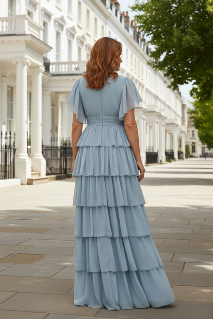 Tiered Chiffon Maxi Dress with Flutter Sleeves