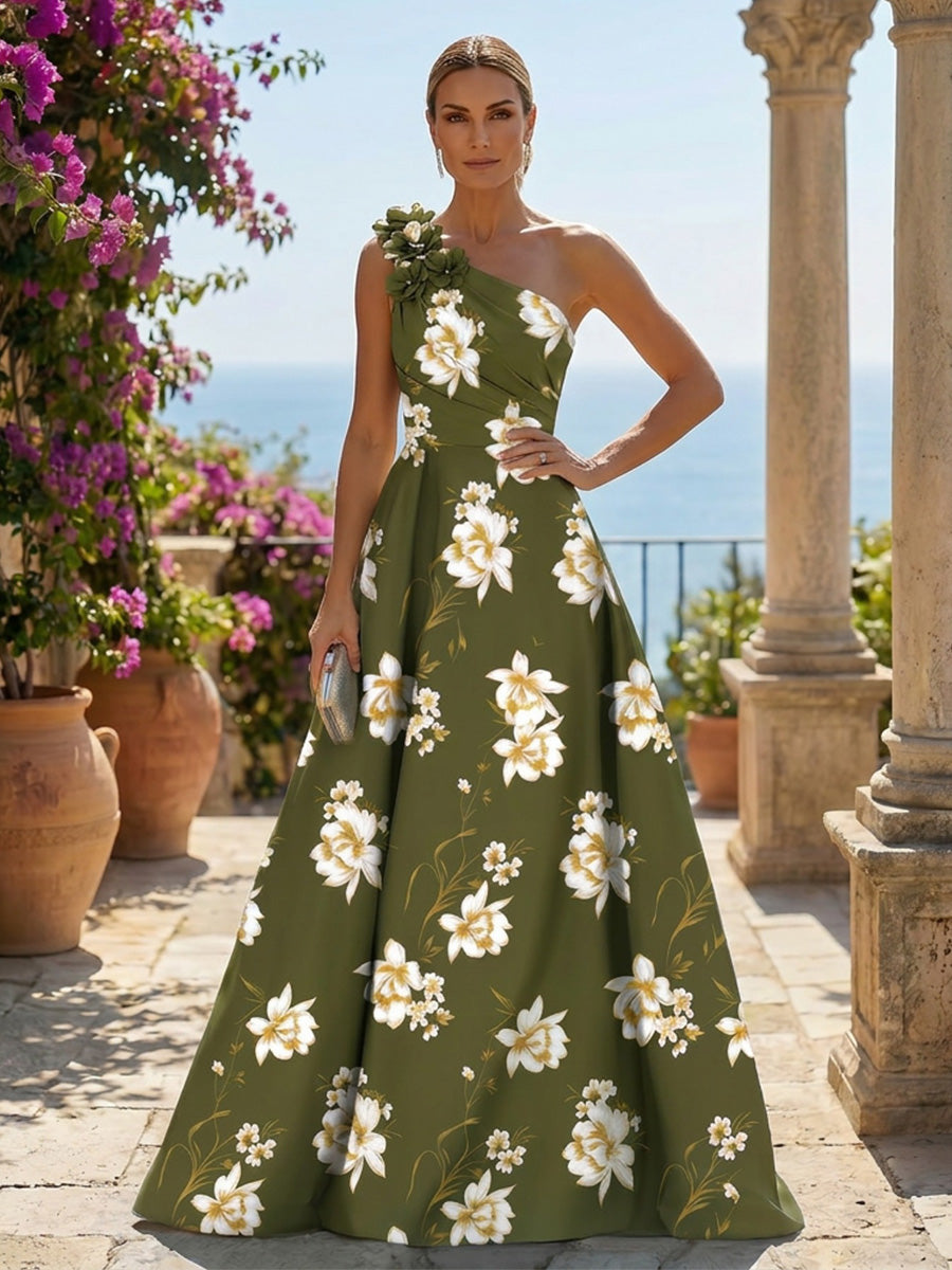 Floral Print One-Shoulder A-Line Evening Gown