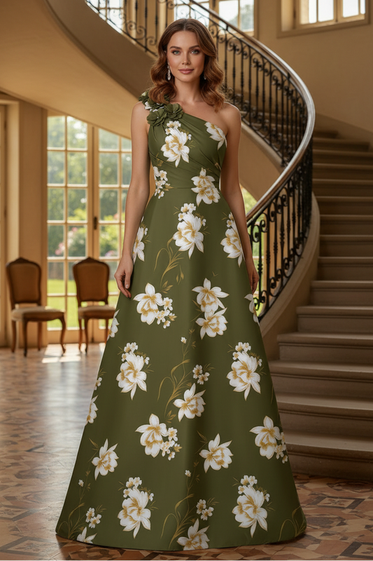 Floral Print One-Shoulder A-Line Evening Gown