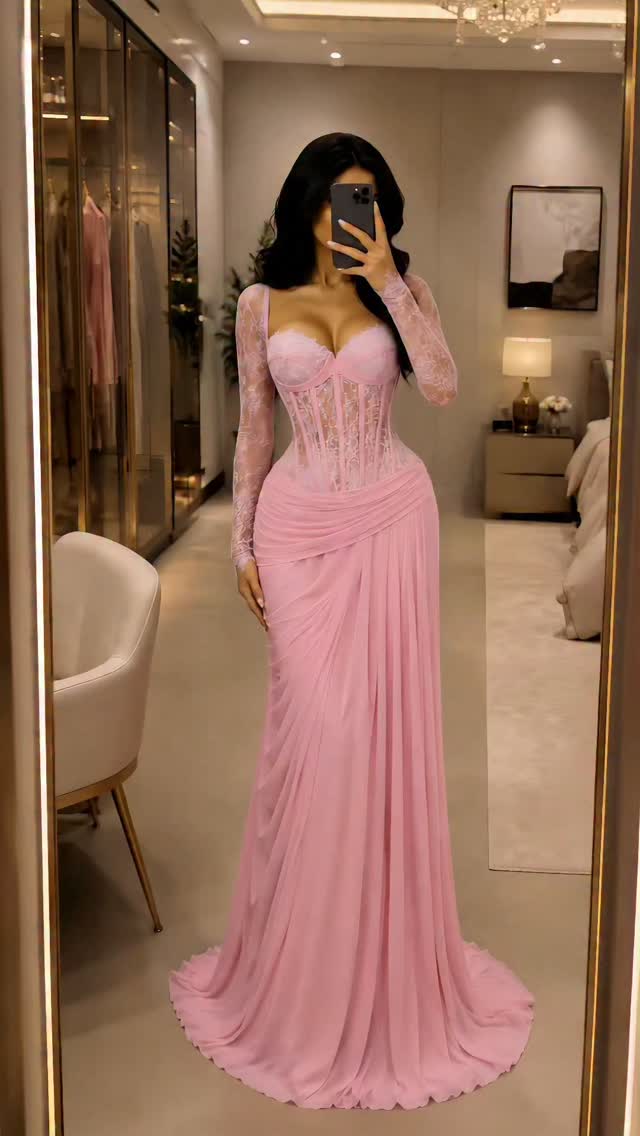 Lace Sleeve Corset Mermaid Gown with Train