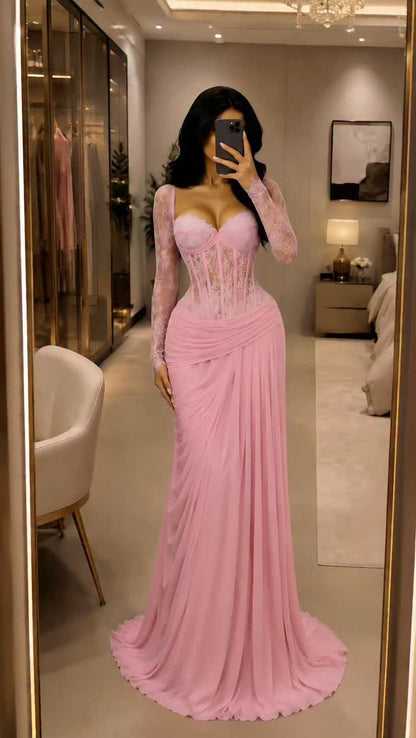 Lace Sleeve Corset Mermaid Gown with Train