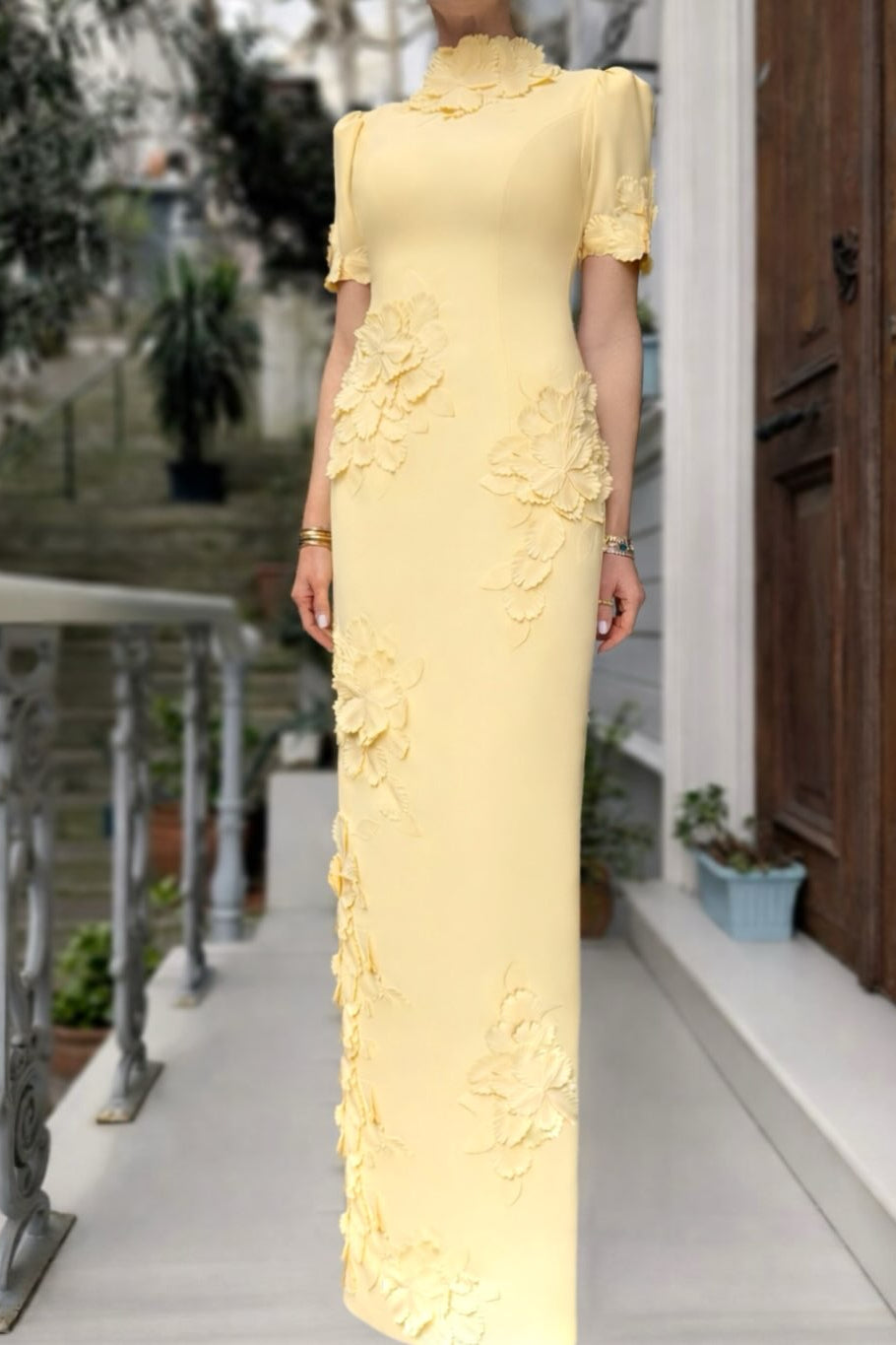 3D Floral High Neck Sheath Evening Gown