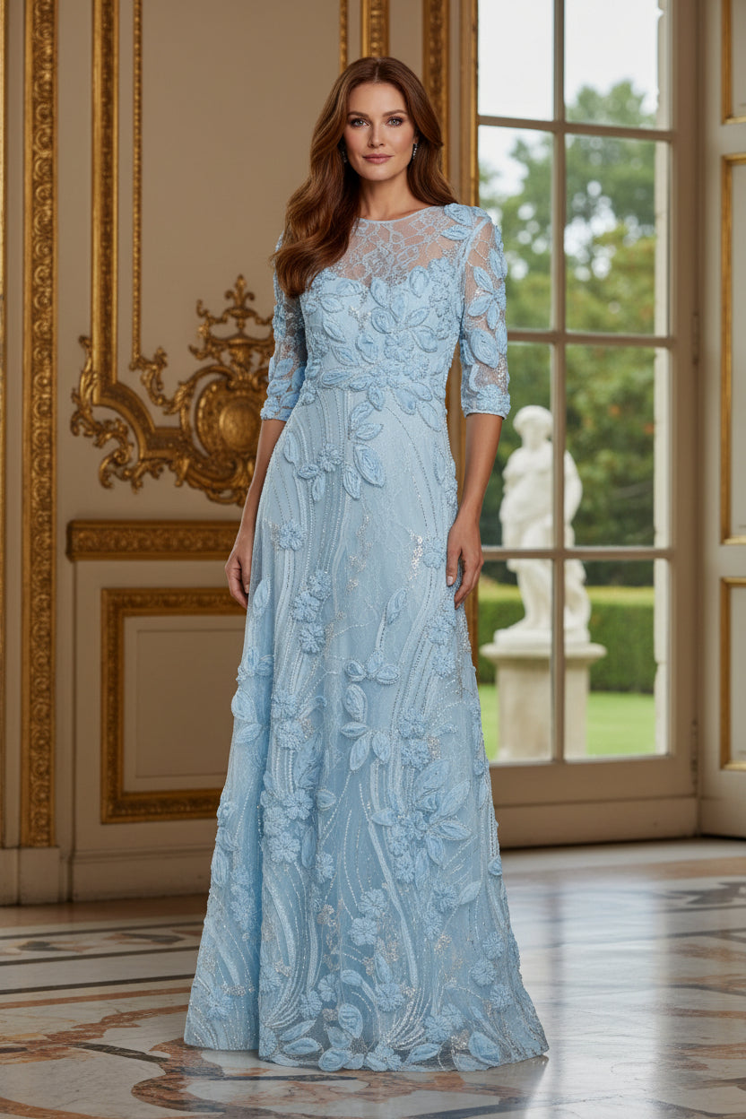 3D Floral Beaded Illusion A-Line Evening Gown