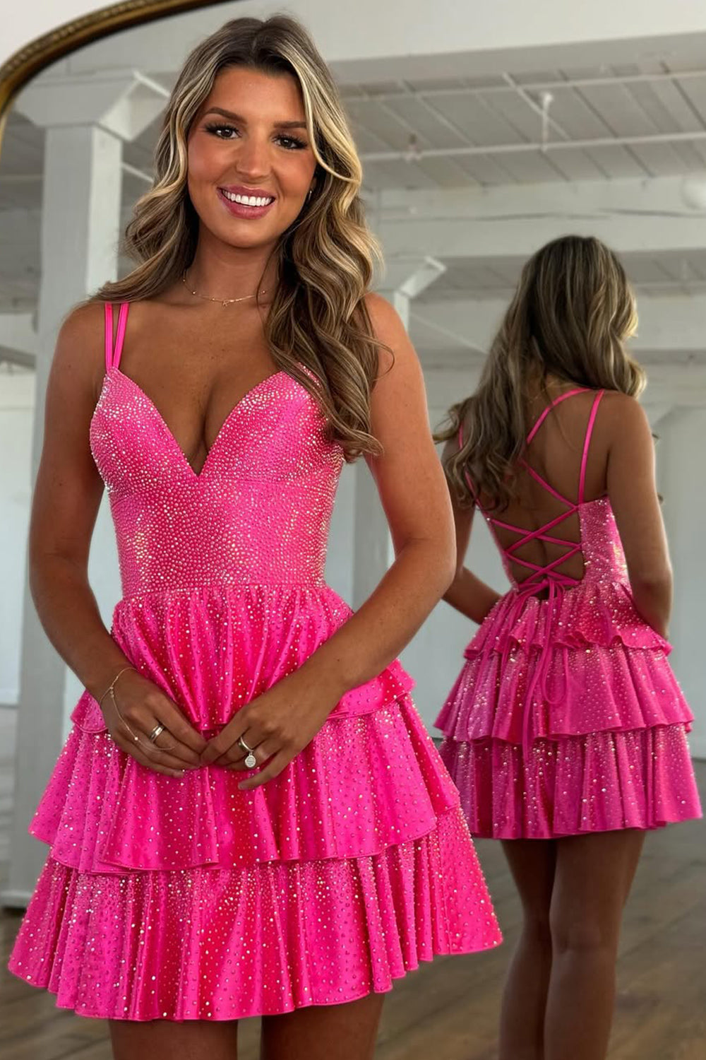 Tiered Sparkly Homecoming Dress with Lace-Up Back