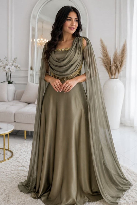 Draped Cowl Cape Evening Gown