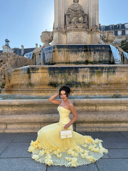 Strapless Pleated Evening Gown with 3D Florals