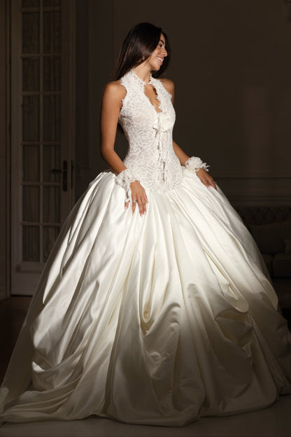 High Neck Lace Bodice Ball Gown Wedding Dress