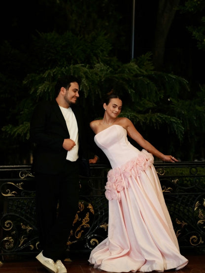 Strapless 3D Flower Basque Waist Evening Gown