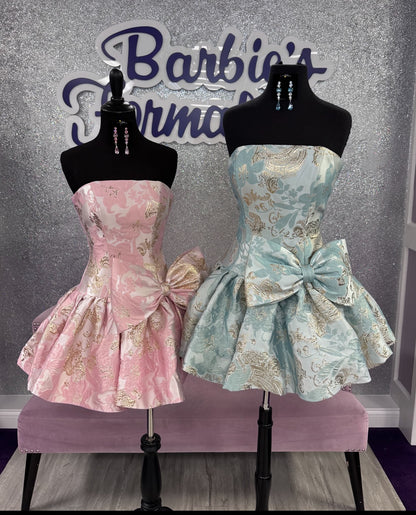 Strapless Jacquard Mini Dress with Oversized Bow