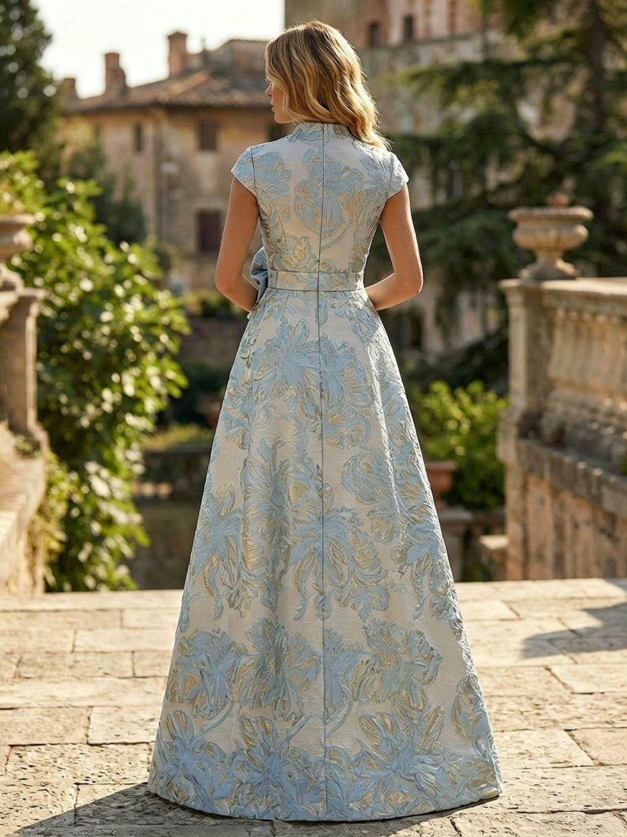 Jacquard Evening Gown with Embroidered Sheath Skirt