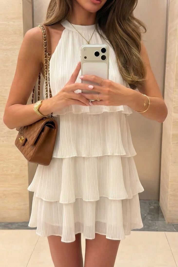 Tiered Ruffle Pleated Halter Mini Dress