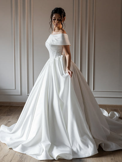 Off-the-Shoulder Satin Ball Gown Wedding Dress