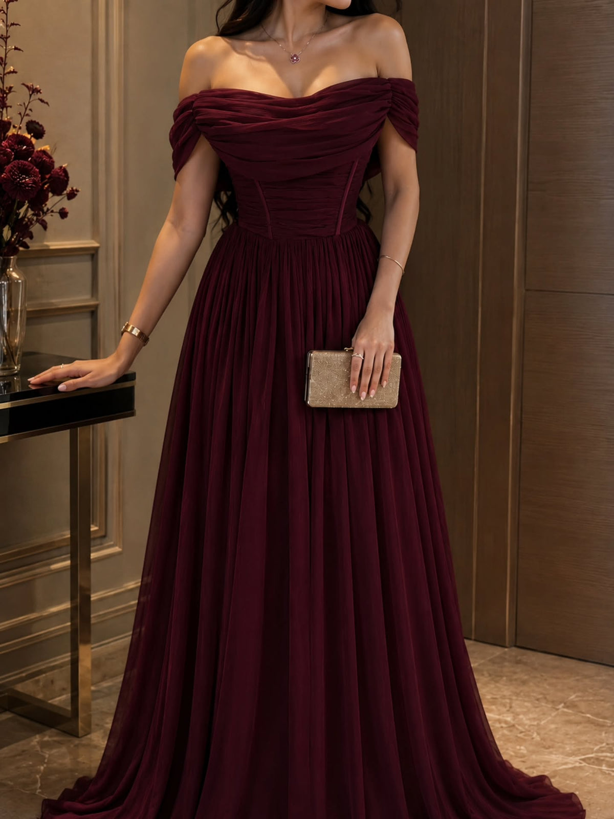 Off-the-Shoulder Ruched Corset Floor-Length Gown