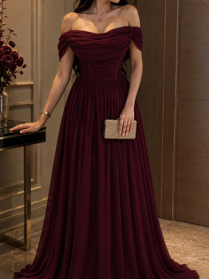 Off-the-Shoulder Ruched Corset Floor-Length Gown