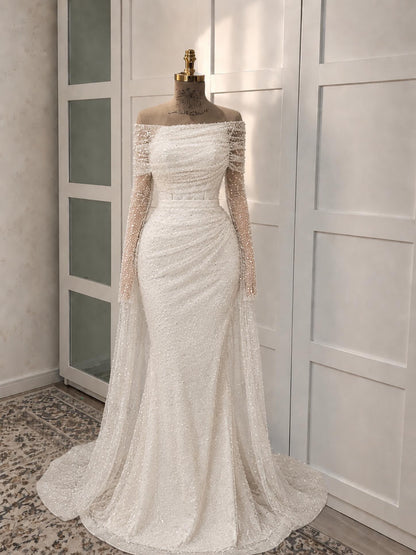 Off-the-Shoulder Pearl Mermaid Wedding Dress