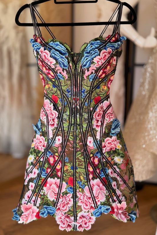 Embroidered Floral Corset Fit and Flare Mini Dress