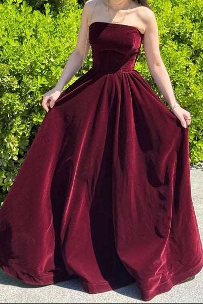 Strapless Velvet A-Line Ball Gown with Lace-Up Back