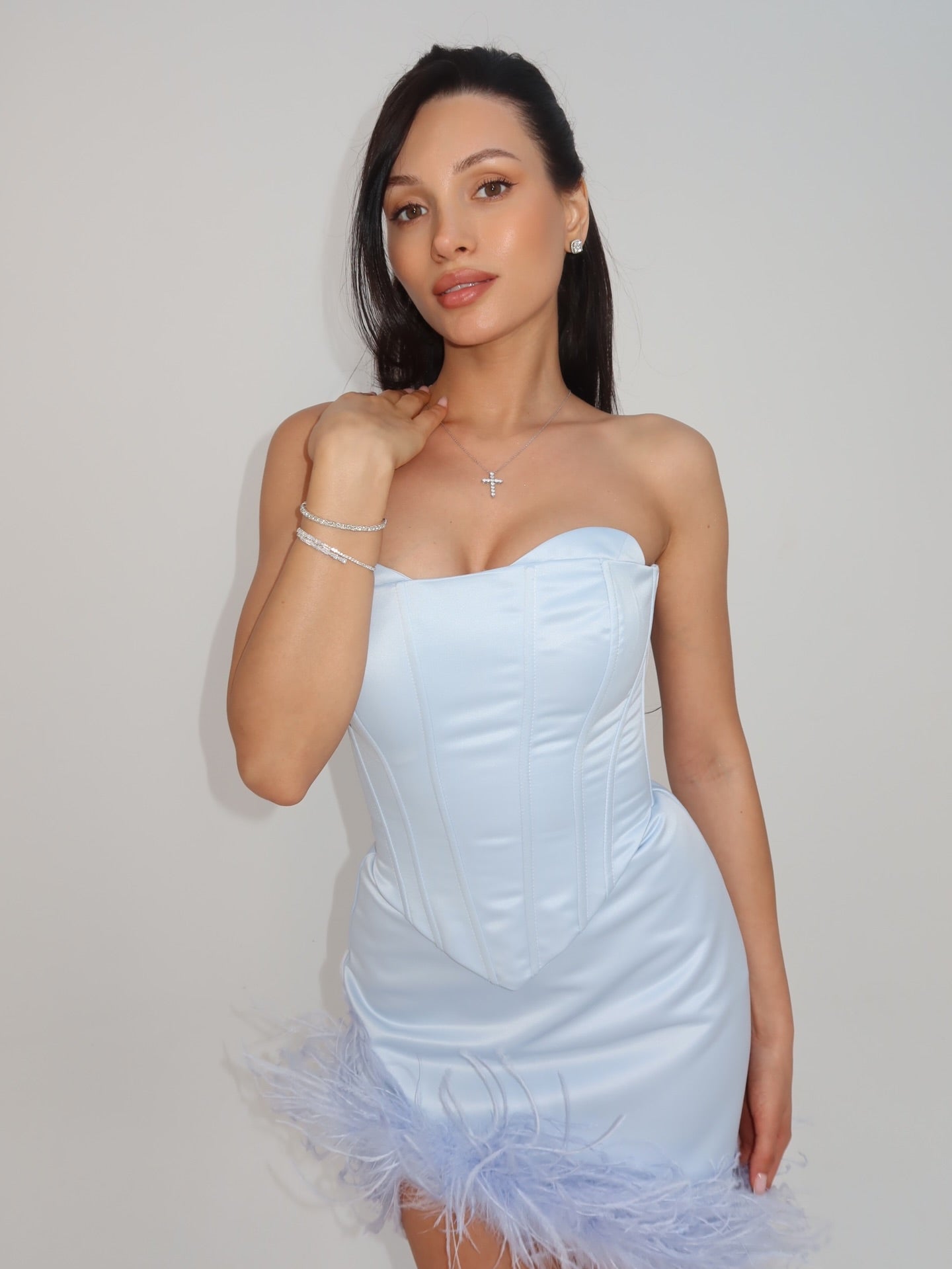 Strapless Corset Mini Dress with Feather Hem