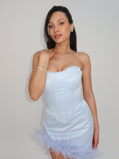 Strapless Corset Mini Dress with Feather Hem
