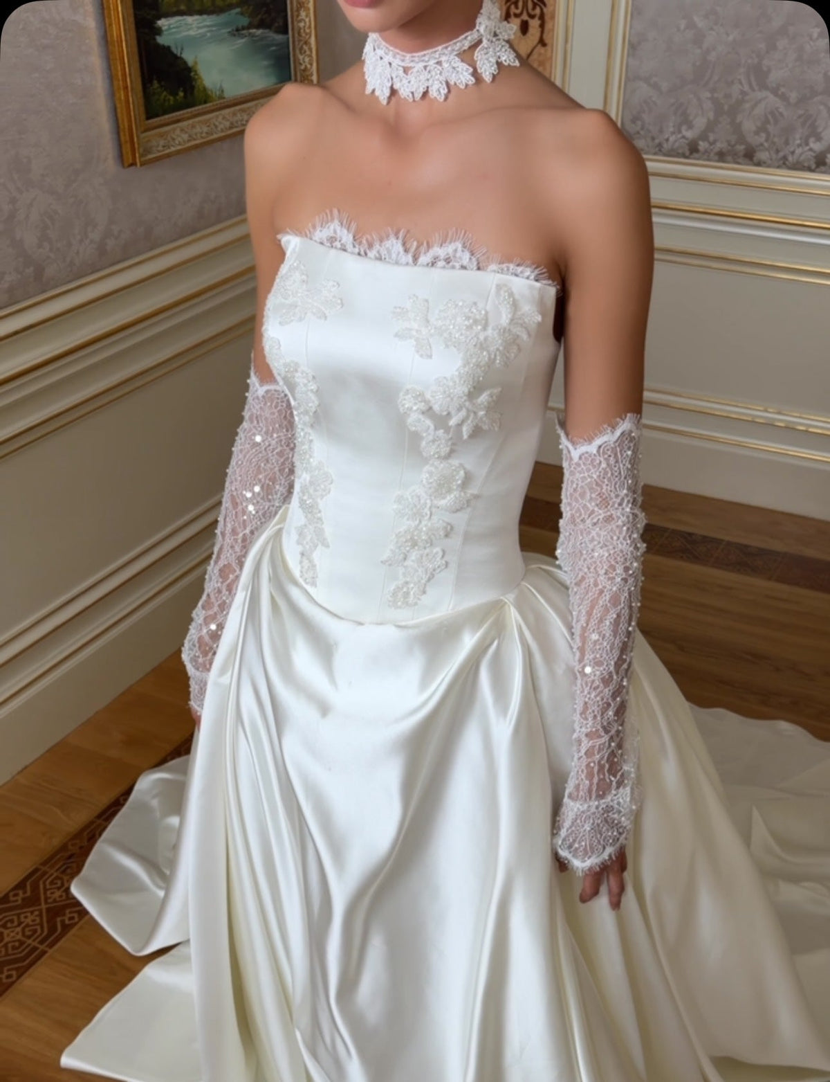 Strapless Satin Ball Gown with Lace Appliques