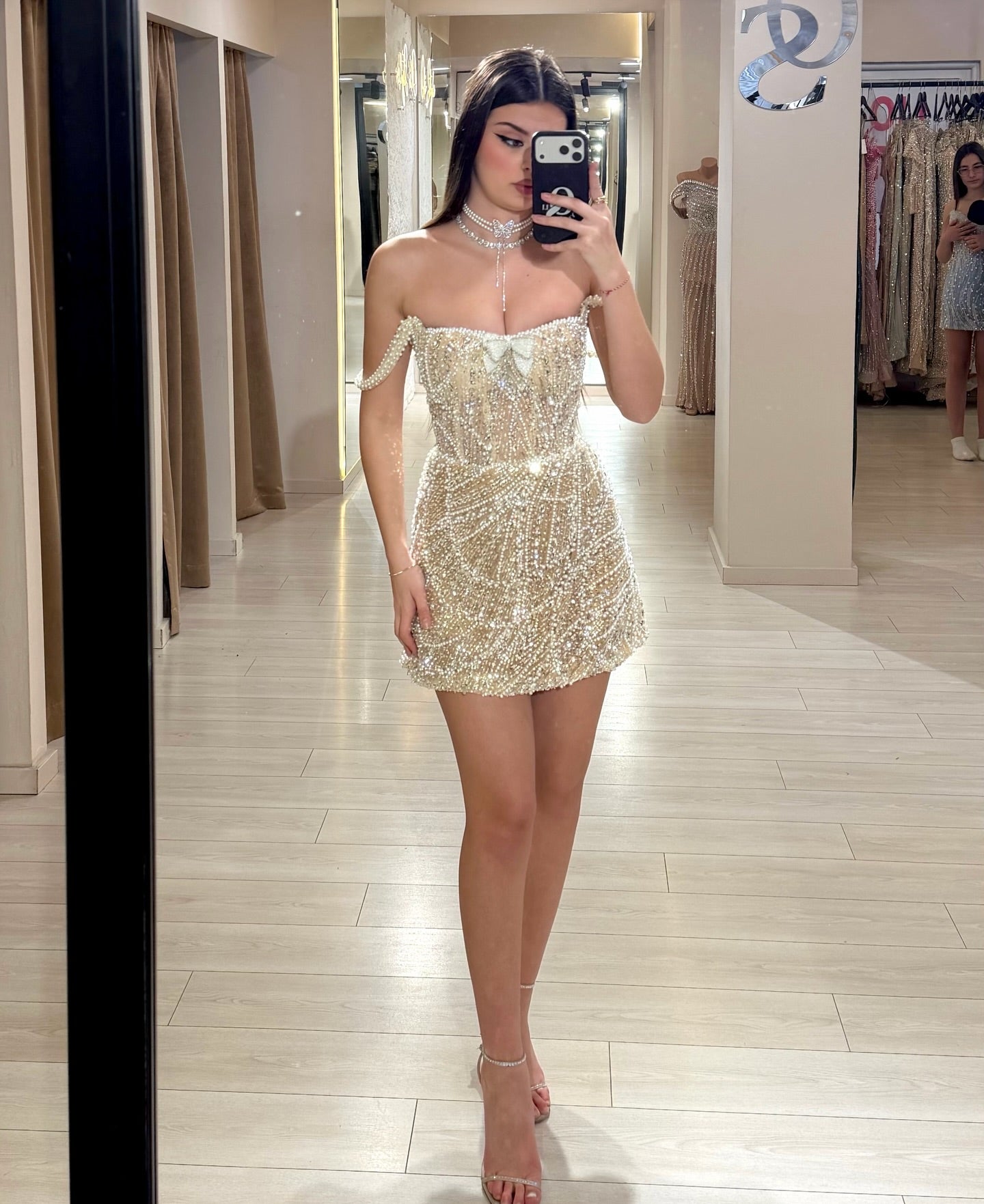 Beaded Pearl Corset Sweetheart Mini Party Dress