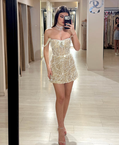 Beaded Pearl Corset Sweetheart Mini Party Dress