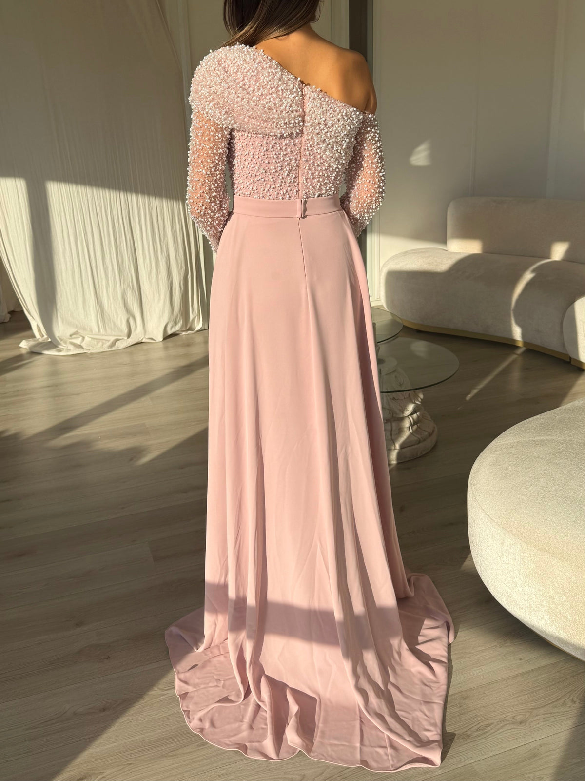 One-Shoulder Pearl Bodice Gown with Side Slit Overskirt