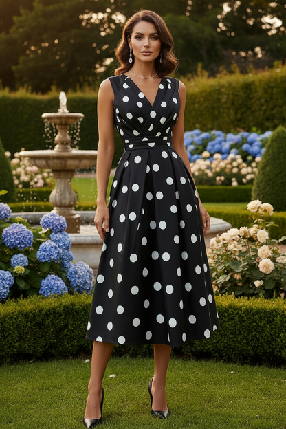 Sleeveless Polka Dot Pleated Midi Dress