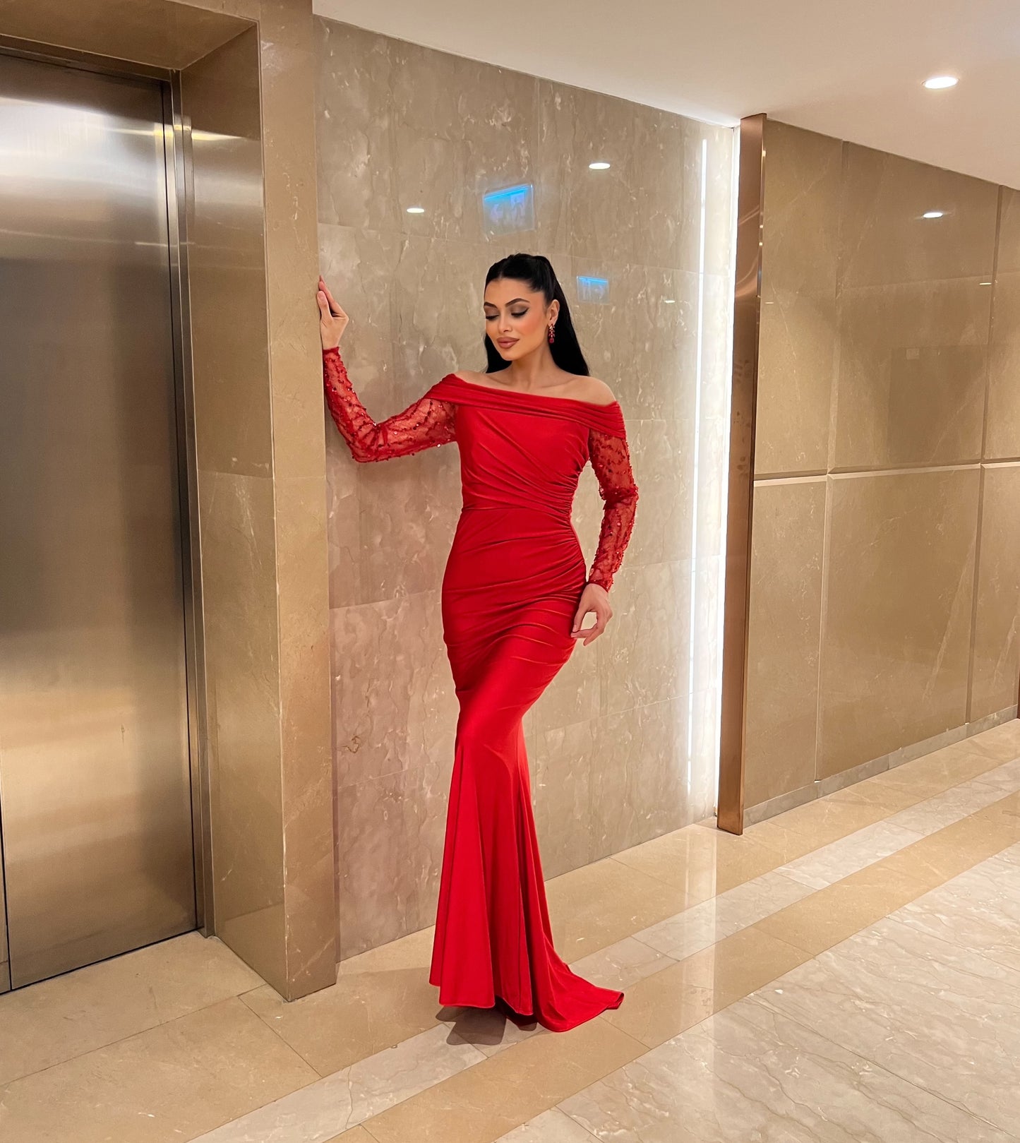 Off-the-Shoulder Ruched Satin Mermaid Gown