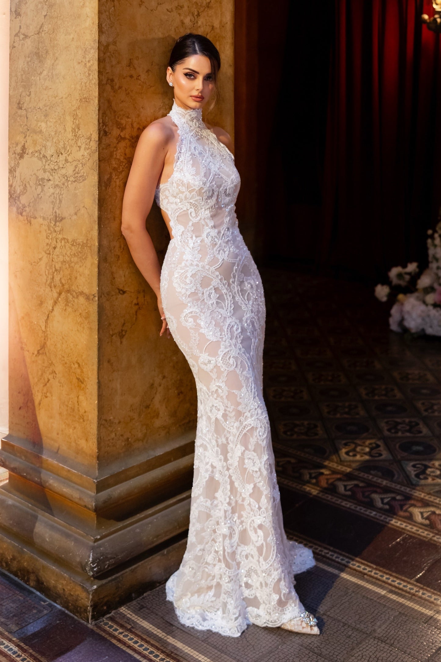 High Neck Lace Cut-Out Mermaid Wedding Dress