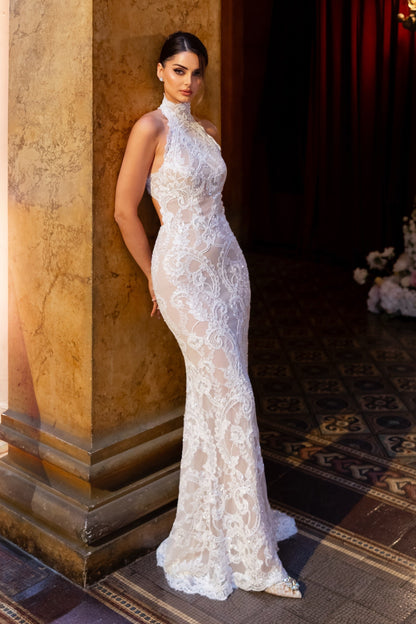 High Neck Lace Cut-Out Mermaid Wedding Dress