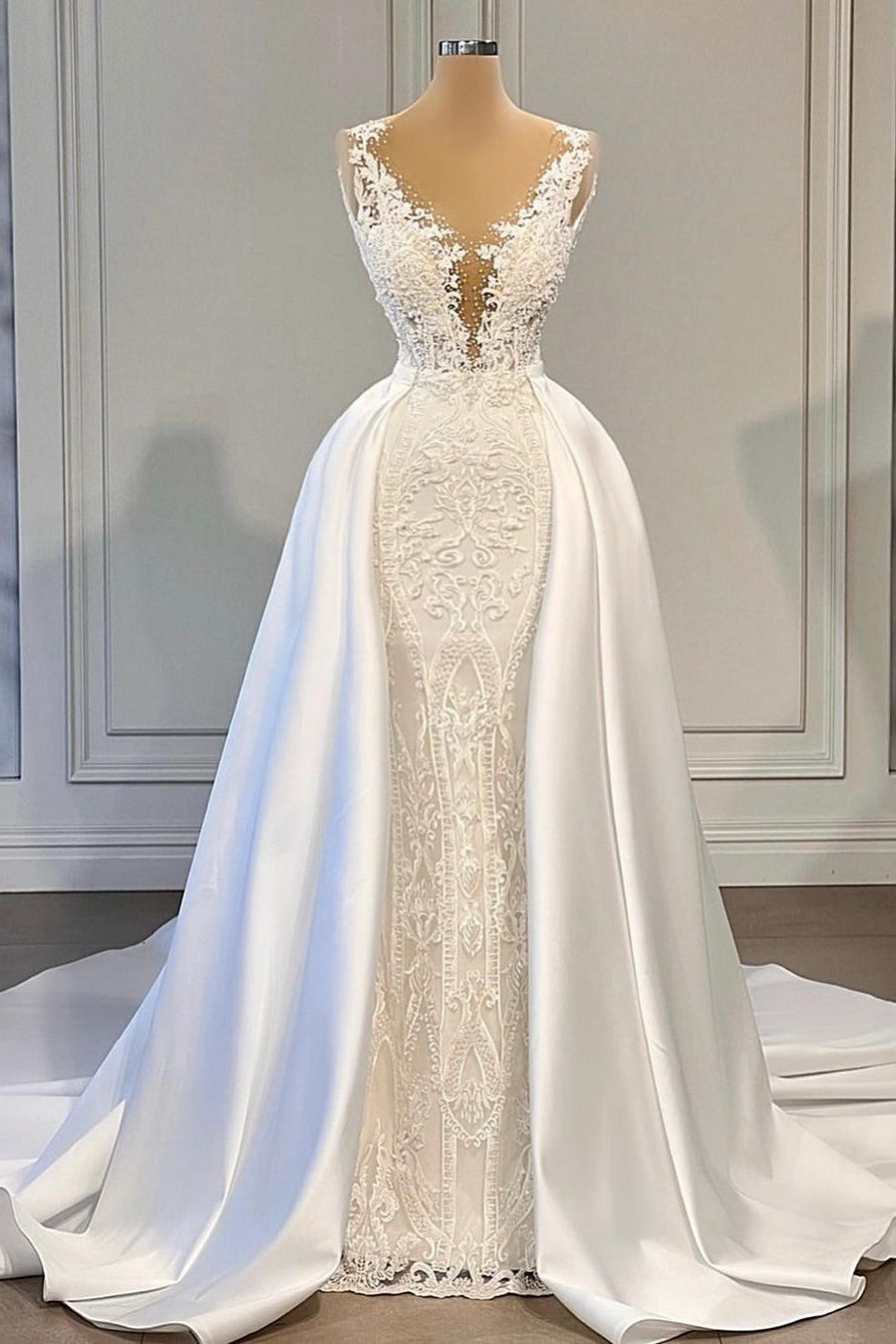 Lace Column Wedding Dress with Satin Overskirt