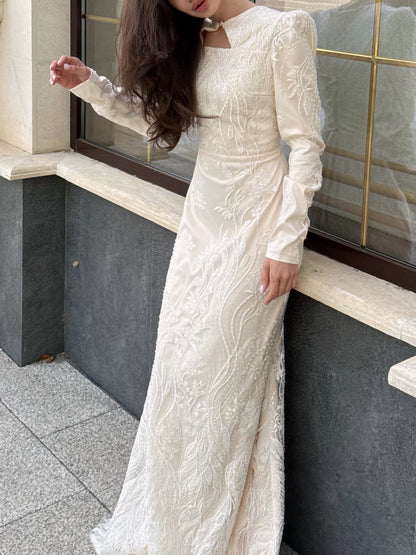 Embroidered Long Sleeve Gown with Keyhole Neck
